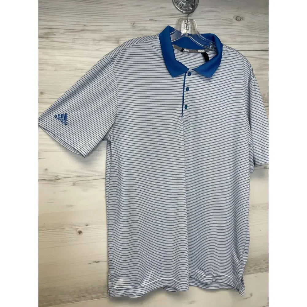 Adidas Mens Polo Shirt Size L Blue Striped Short Sleeve Performance‎ Golf
